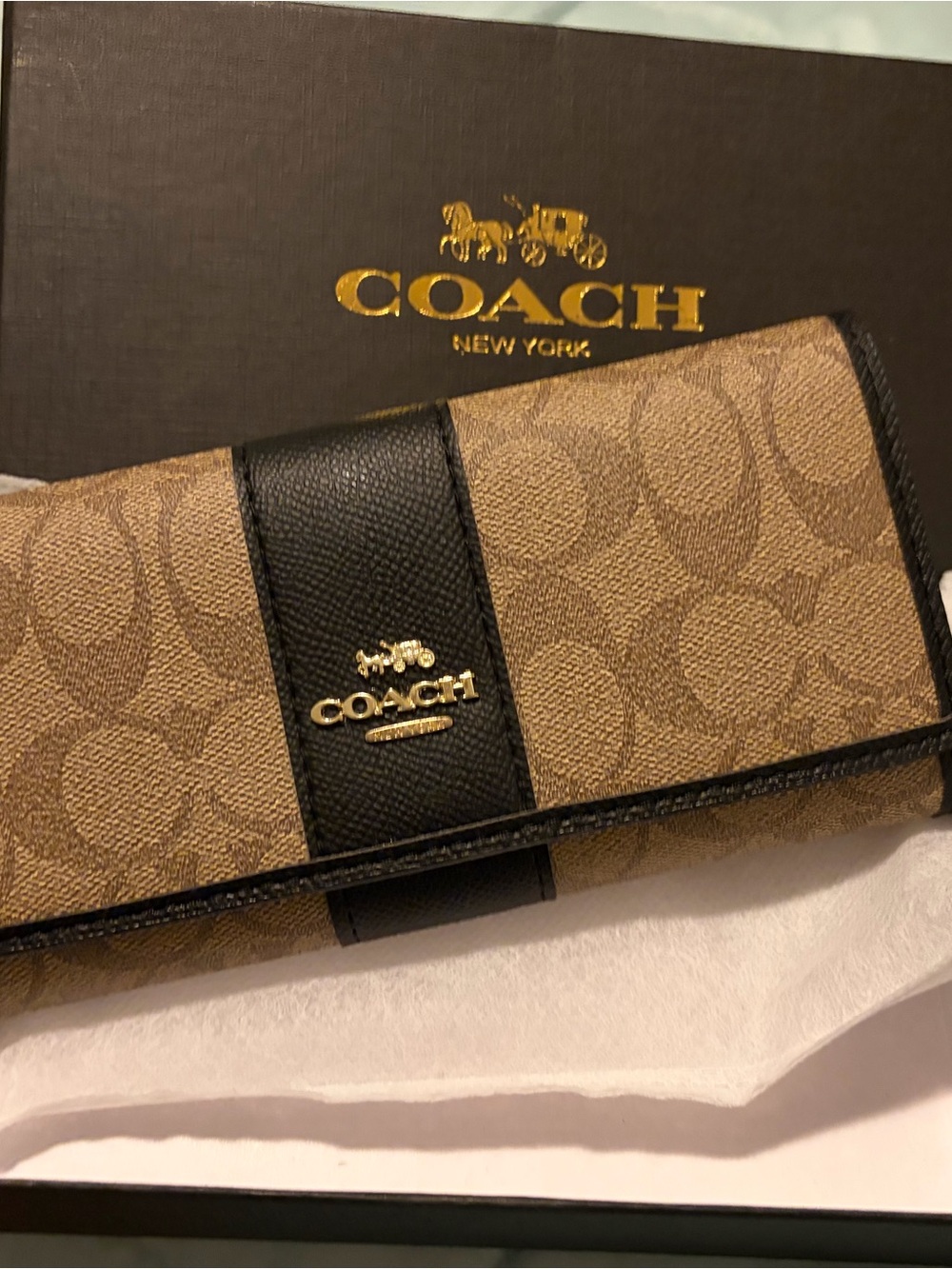 COACH Brown Signature Canvas Continental Wallet with Black Trim